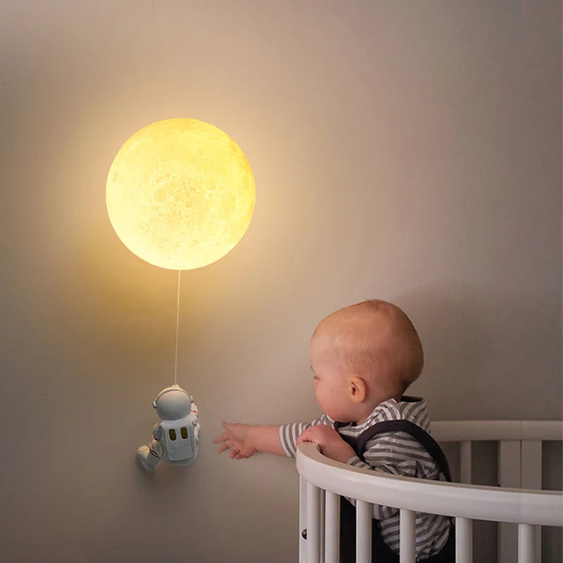 New Copper Moon Minimalist LED Wall Lamps For Children's Room Bedroom Beside Background Home Creative Astronaut Boy Toy Lustres