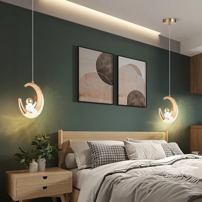 Astronaut Led Pendant Lights Nordic Golden Bedside Chandelier Lighting for Living Room Bedroom Bedside Lamps Indoor Lighting