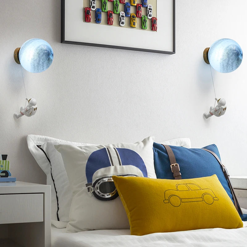 New Copper Moon Minimalist LED Wall Lamps For Children's Room Bedroom Beside Background Home Creative Astronaut Boy Toy Lustres