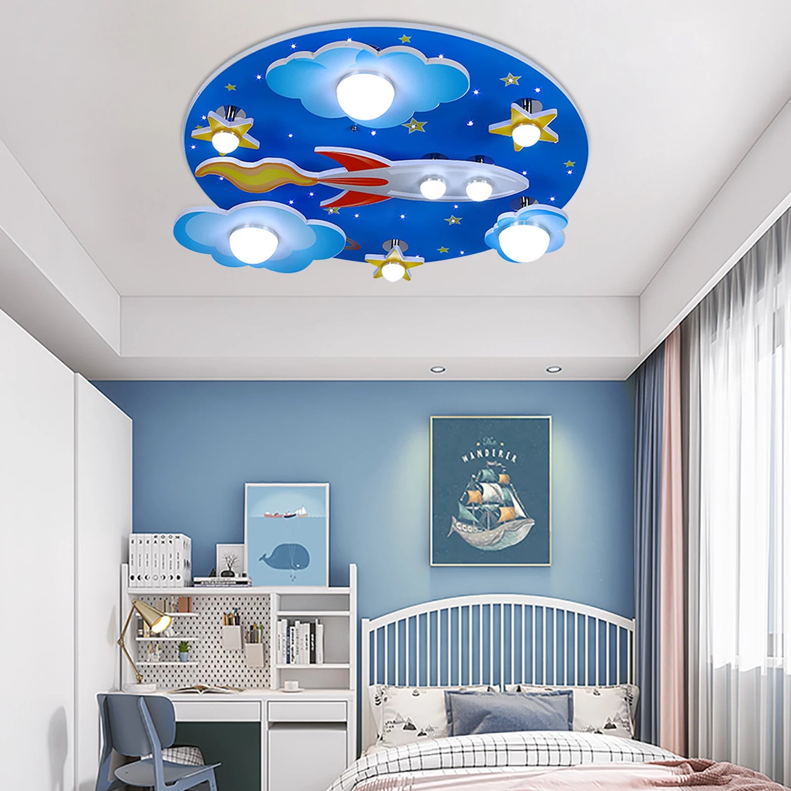 E27 Cartoon Plane Ceiling Light Kids Room Pendant Lamp Children's Room Lamp Boys and Girls Dimmer Chandelier LED Baby Lamp Light