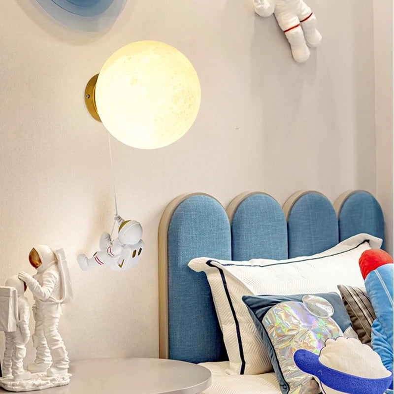 New Copper Moon Minimalist LED Wall Lamps For Children's Room Bedroom Beside Background Home Creative Astronaut Boy Toy Lustres